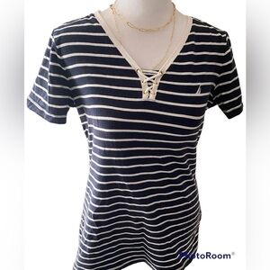 Nautica Blue and Navy Striped V-Neck Lace Up Top Women's Size M